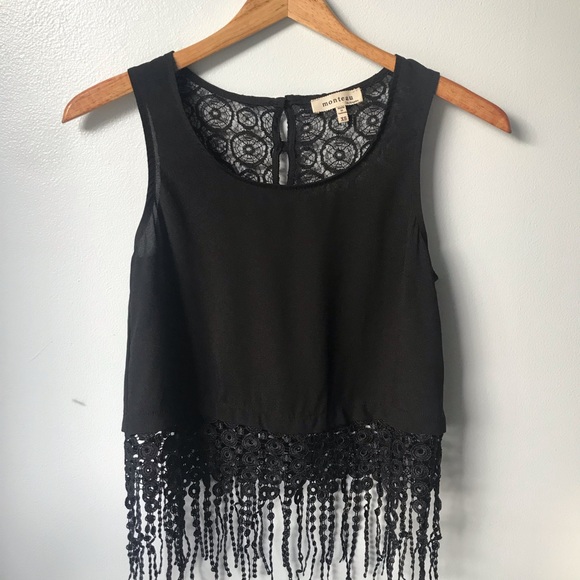 Monteau Fringe Lace Crop Top Black Extra Small - Picture 2 of 6